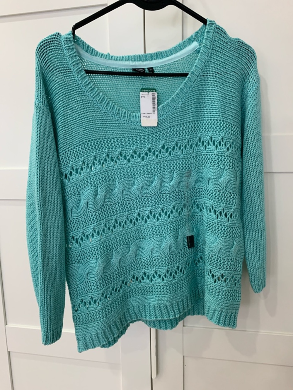 Simons Mint Green Openwork Cable Knit Scoop Neck Sweater